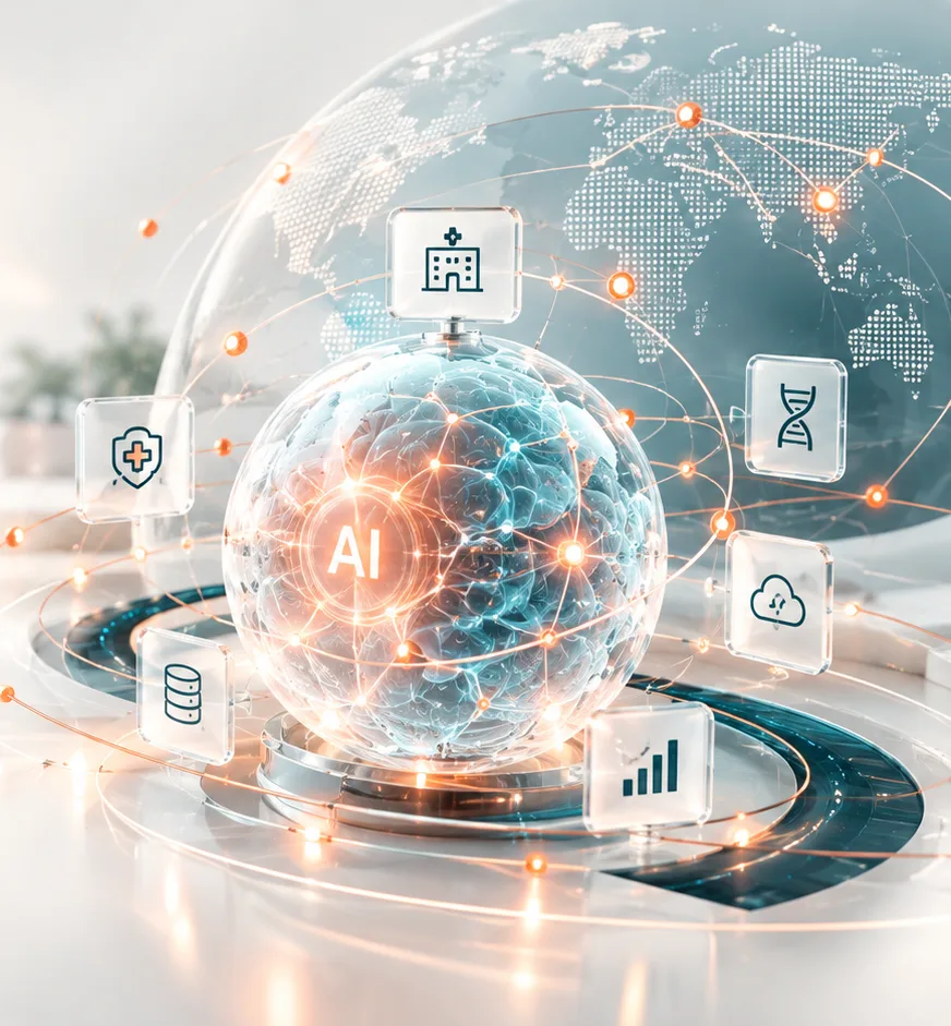 AI-powered healthcare technology globe connecting hospitals, data, DNA research and cloud services
