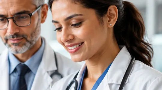 Doctors reviewing a healthcare app on a tablet
